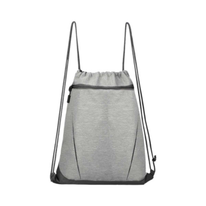 SIN 934, BOLSA MYANMAR. Bolsa-mochila gris, material jaspeado, bolsillo frontal con cierre, con tirantes de cordón y cerrado de jareta.