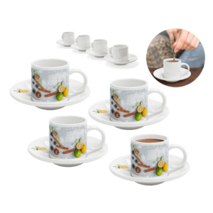 A2974, TAZA MEETING. Juego de café o té para sublimar, incluye: 4 tazas con su plato. CAP. 90 ml (3 Oz.). Presentación: Caja color kraft.