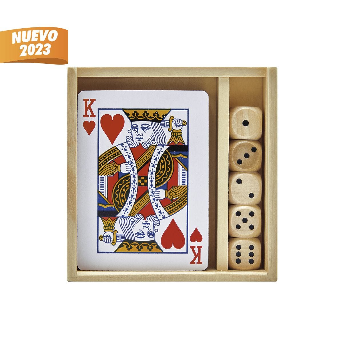 JM 090, SET DE JUEGO SOANA. Set de juego que incluye una baraja, 5 dados y estuche de madera.
