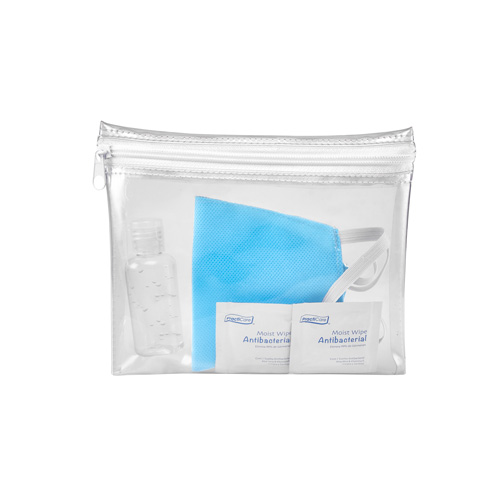 SLD 062, SET ANTIBACTERIAL. Set sanitizante. Contiene 1 gel antibacterial de 40 ml, 2 toallitas desinfectantes y un cubrebocas de doble capa, material Non-woven, lavable y puede utilizarse un aproximado de 5 veces.