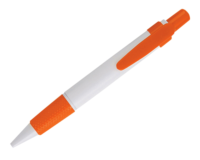 1108, Bolígrafo de plástico, cuerpo blanco, goma antideslizante, clip y tapón en color. Mecanismo de click.