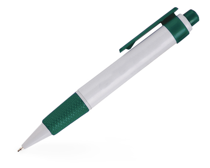 1108, Bolígrafo de plástico, cuerpo blanco, goma antideslizante, clip y tapón en color. Mecanismo de click.