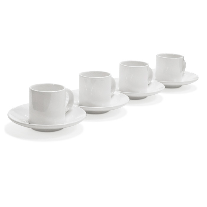 A2974, TAZA MEETING. Juego de café o té para sublimar, incluye: 4 tazas con su plato. CAP. 90 ml (3 Oz.). Presentación: Caja color kraft.