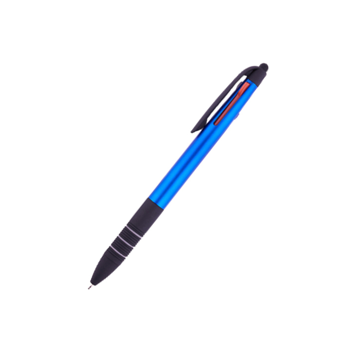 A2322, Bolígrafo de plástico en cuerpo de color con apariencia metálica. Tiene integradas 3 tintas: negra, roja y azul. Parte inferior con goma antideslizante en negro con detalles de arillos en gris. Cuenta con touch. Mecanismo deslizante.