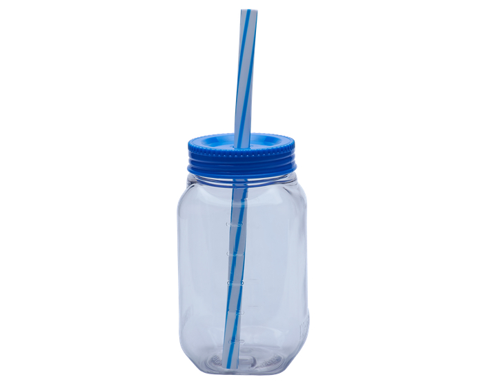 A2343, Vaso de plástico cuadrado transparente con tapa de rosca en color. Incluye popote rígido bicolor. CAP. 600 ml.