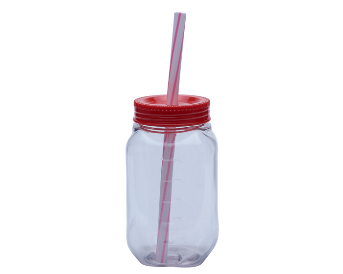 A2343, Vaso de plástico cuadrado transparente con tapa de rosca en color. Incluye popote rígido bicolor. CAP. 600 ml.