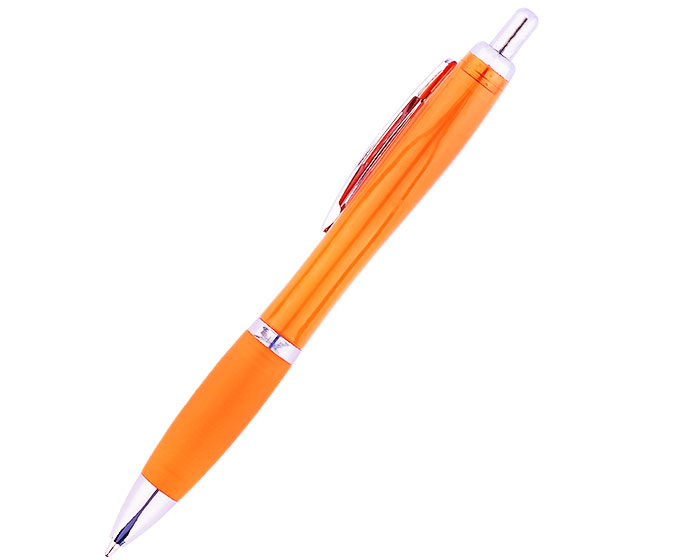 A2416, Bolígrafo de plástico con cuerpo traslúcido, clip metálico y goma antideslizante. Mecanismo de click.