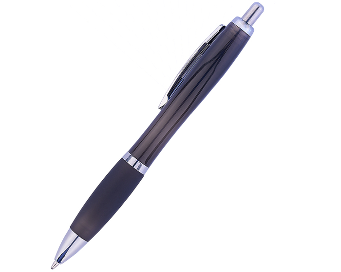 A2416, Bolígrafo de plástico con cuerpo traslúcido, clip metálico y goma antideslizante. Mecanismo de click.