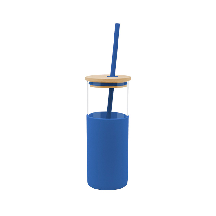 A2855, Cilindro de vidrio con tapa de bambú a presión, cuenta con funda de silicón para mayor protección, de el mismo color del popote de plástico. CAP. 500 ml. (Incluye cepillo limpiador metálico).