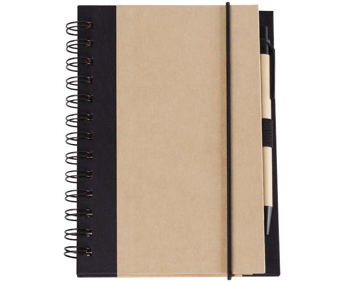 LIB2043, Libreta ecológica de cartón reciclado con 70 hojas rayadas (140 páginas) y espiral metálica. Incluye bolígrafo de papel.