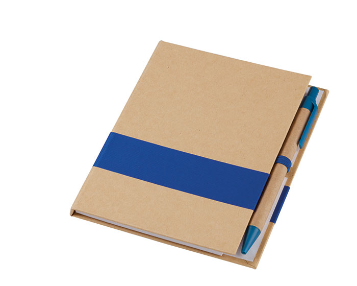 LIB3905, Libreta ecológica de 70 hojas rayadas (140 páginas) de papel reciclado, cintillo en tela de color. Incluye bolígrafo de papel.