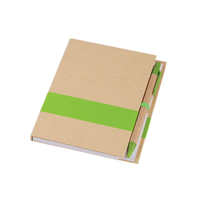 LIB3905, Libreta ecológica de 70 hojas rayadas (140 páginas) de papel reciclado, cintillo en tela de color. Incluye bolígrafo de papel.