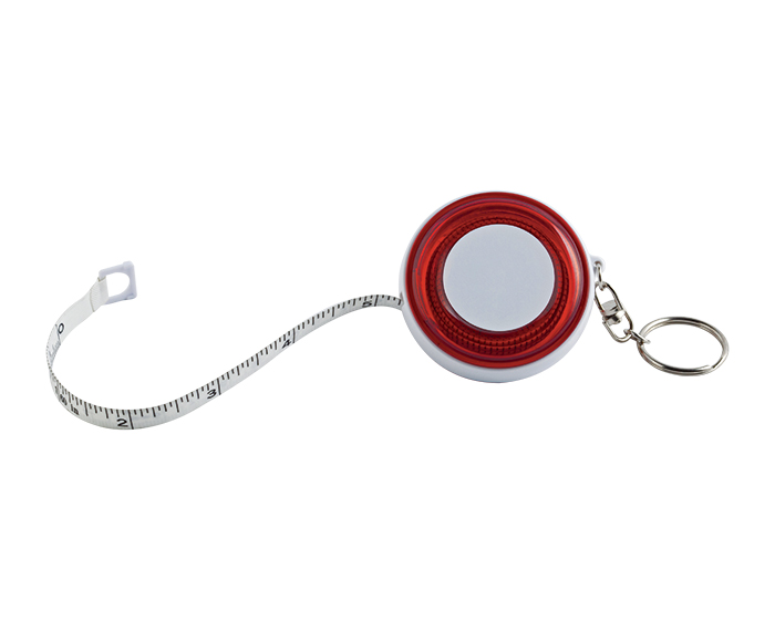 LLF4680, Llavero de plástico circular, con botón accionador para desplegar flexómetro de 1 m. de longitud.