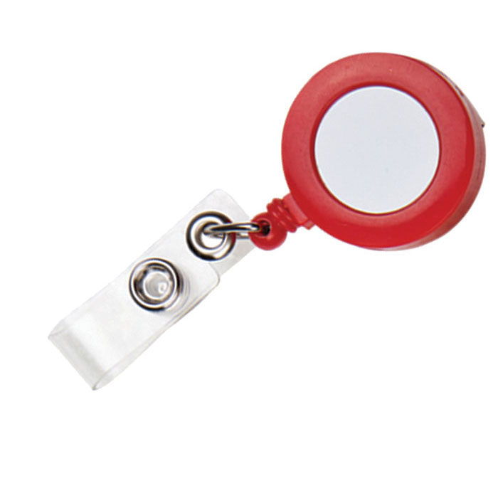 SLK05, Portagafete circular, con hilo elástico y clip posterior para sujetar a la ropa. Disponible en colores sólidos y traslúcidos.