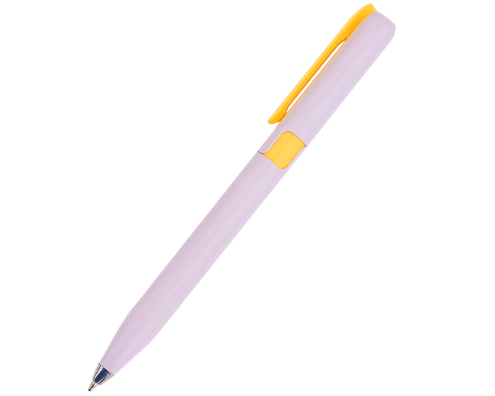 A2329, Bolígrafo plástico de cuerpo blanco con punta cromada y clip de color. Novedoso diseño en el cual al girar el mecanismo retráctil, se muestra un detalle de diseño en el color del clip.